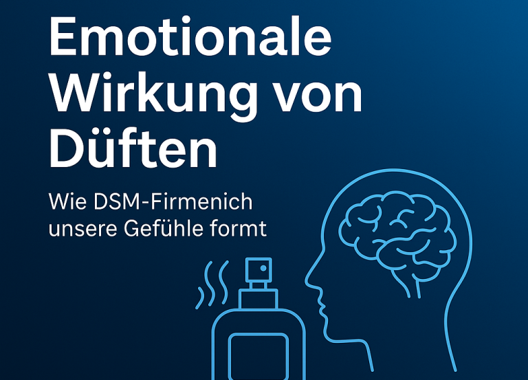 Digitales Titelbild mit dem Text „Emotionale Wirkung von Düften – Wie DSM-Firmenich unsere Gefühle formt“, darunter ein stilisierter Kopf im Profil mit Duftflasche, die emotionale Verbindung von Geruch und Gehirn symbolisierend.