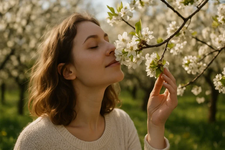 Eine Frau, die die frischen Düfte der Frühlingsblumen genießt, den süßen Duft der blühenden Blüten und die Erneuerung der Natur einatmet.