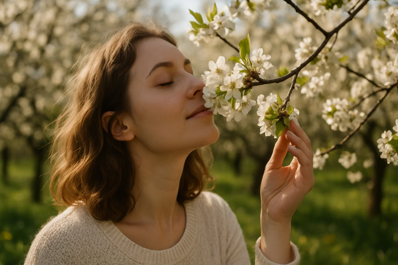 Eine Frau, die die frischen Düfte der Frühlingsblumen genießt, den süßen Duft der blühenden Blüten und die Erneuerung der Natur einatmet.