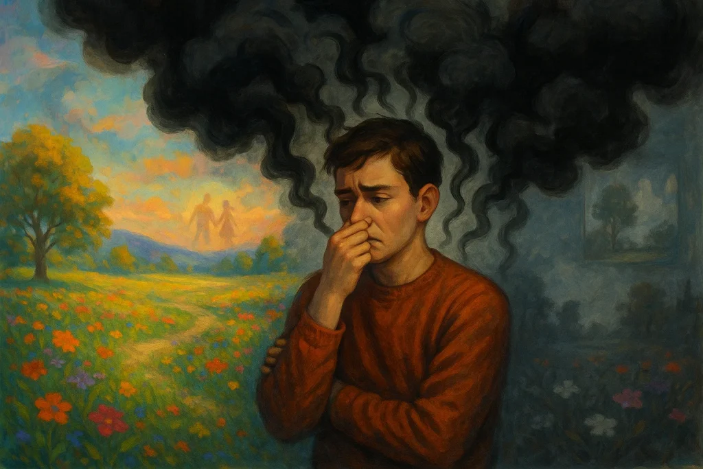 Eine surreale und emotionale Illustration zeigt eine Person in einer farbenfrohen Landschaft, die teilweise von dunklen, rauchigen Wolken umhüllt ist, die üble Gerüche symbolisieren. Die Bereiche um die Wolken herum wirken entsättigt und grau und verdeutlichen, wie negative Erfahrungen positive Eindrücke überlagern. Der nachdenkliche, leicht unbehagliche Gesichtsausdruck der Person unterstreicht die emotionale Schwere von Negativität. Im Hintergrund verblassen schemenhafte Bilder glücklicher Erinnerungen in dunklen Schatten. Die gesamte Stimmung ist traumhaft und leicht verstörend und fängt die bleibende Wirkung negativer Erlebnisse im Geist ein.
