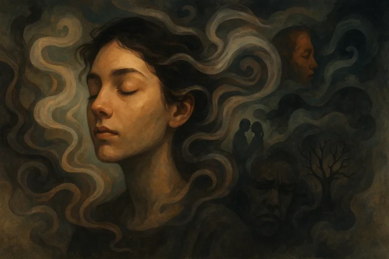 Surreales Bild einer Person mit geschlossenen Augen, umgeben von wirbelnden, nebligen Formen, die Gerüche symbolisieren. Ätherische, halbtransparente Darstellungen von Erinnerungen, Emotionen und Gedanken schweben um sie herum. Die Farbpalette ist weich und gedämpft, durchsetzt mit dunkleren Tönen, die unangenehme Gerüche andeuten. Die Atmosphäre wirkt traumhaft und nachdenklich, und spiegelt die Komplexität und das Nachhallen von Gerüchen im Geist wider.