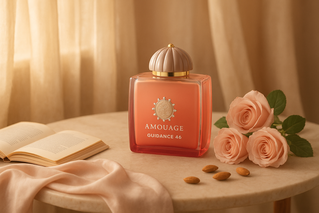 Perfume bottle of Amouage Guidance 46 on a marble table, surrounded by soft morning light, silk, roses, and almonds – evoking femininity, calm, and gentle luxury.
