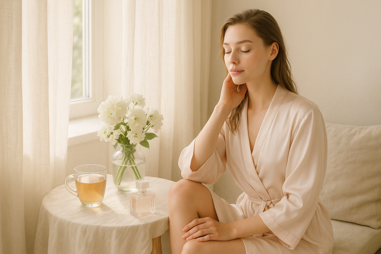 Junge Frau in Morgenlicht am Fenster mit Tee und Parfum – Symbol für feminine Zartheit, Ruhe und Selbstfürsorge