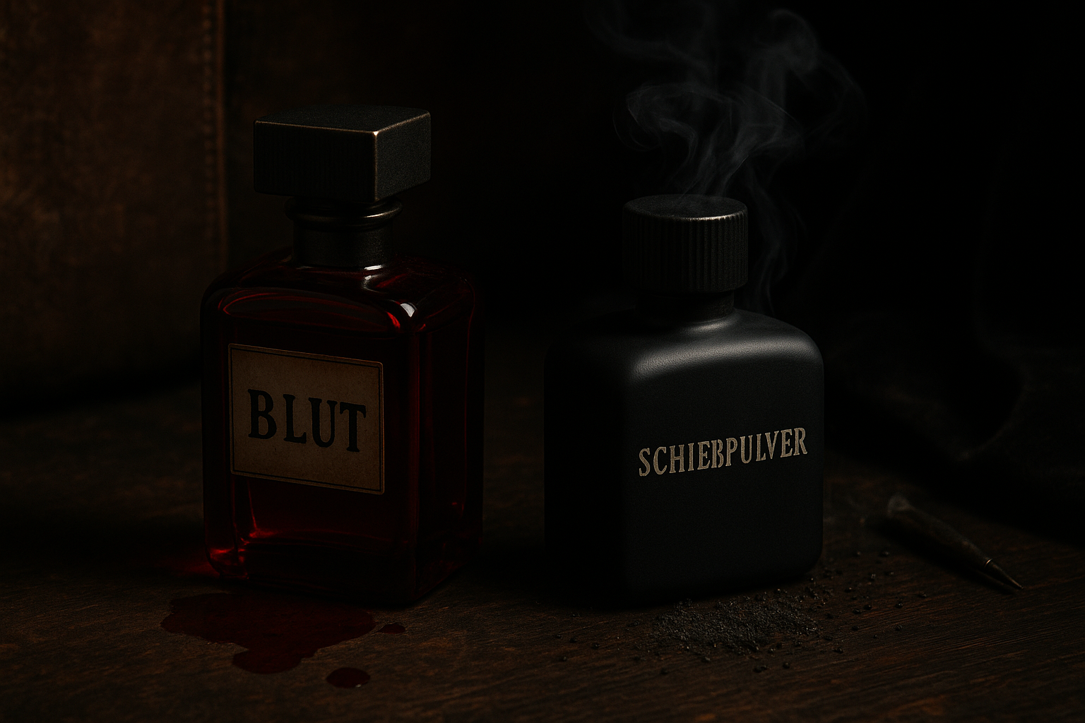 Zwei Parfümflakons auf dunklem Holz: einer tiefrot mit „BLUT“, der andere schwarz mit „SCHIEßPULVER“, umgeben von Rauch und Details.