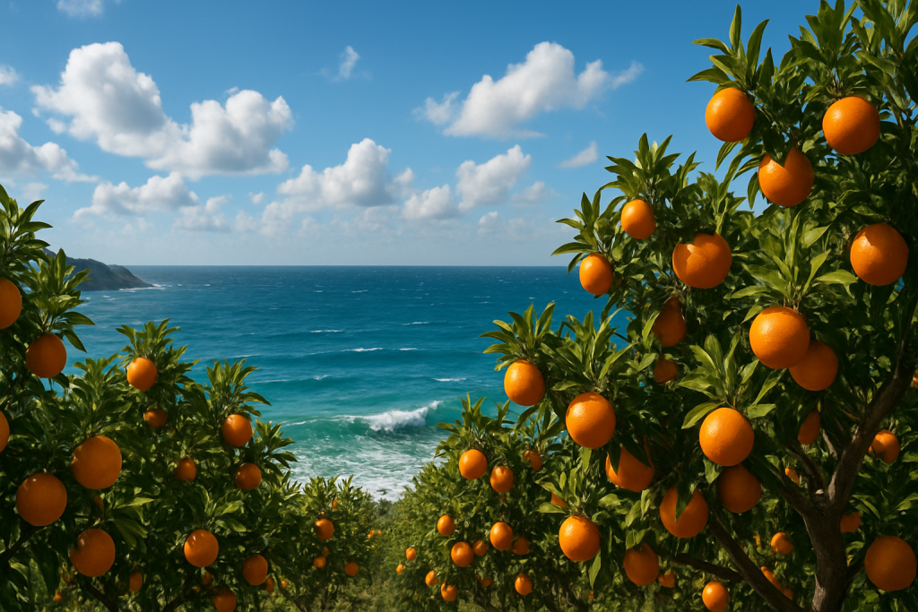Orangenbäume am Meer, die die zitrische Frische und natürliche Eleganz von Parfums symbolisieren.
