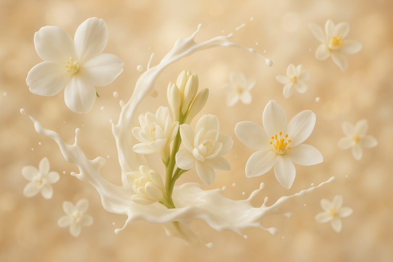 Weiße Jasmin-, Tuberose- und Orangenblüten umgeben von einem weichen Milch-Splash – Symbol für cremige, blumige Duftnoten.