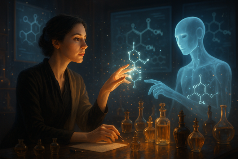 Parfümdesignerin entwickelt gemeinsam mit künstlicher Intelligenz ein Nischenparfum – im futuristischen Duftlabor mit holografischen Duftmolekülen.