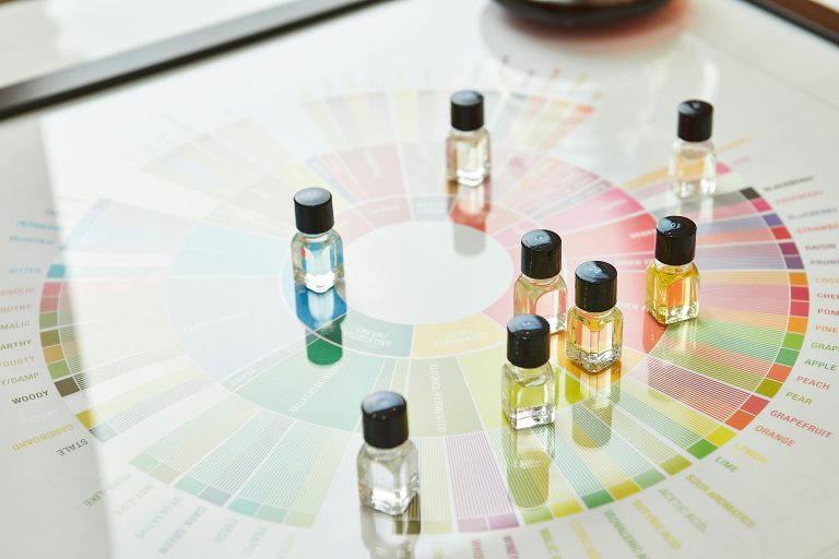 Parfümflaschen auf dem Duftkreis der Osmo Duft-Taxonomie, angeordnet nach Duftfamilien wie Floral, Woody, Fruity und Industrial – visuelle Darstellung der Duftklassifikation.