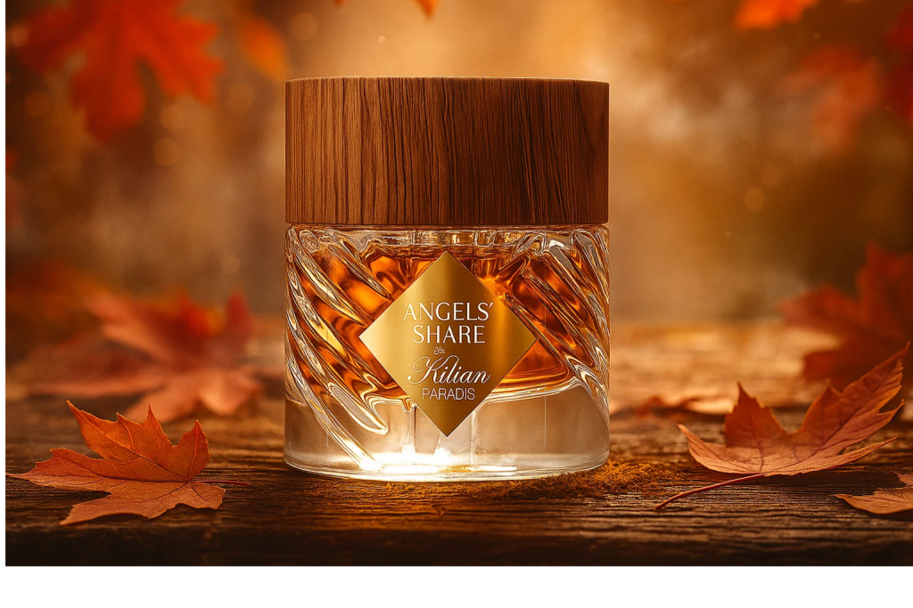 Kilian Angels’ Share Paradis Parfumflakon zwischen orangefarbenen Herbstblättern – warmes Herbstparfum mit Vanille, Eiche und Himbeere
