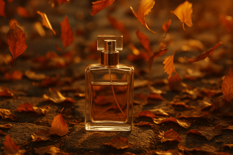 Parfumflakon vor herbstlichem Hintergrund mit goldenen und roten Blättern, warmem Licht und eleganter Herbststimmung – Herbstparfum bei Nischenduft.ch