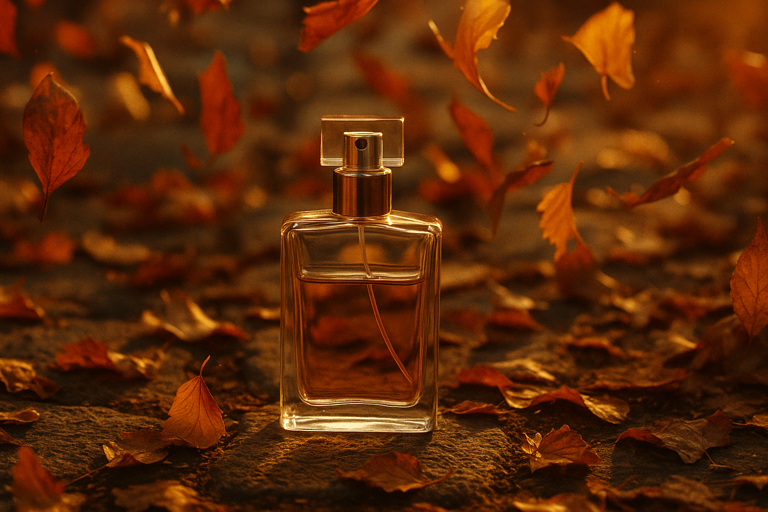Parfumflakon vor herbstlichem Hintergrund mit goldenen und roten Blättern, warmem Licht und eleganter Herbststimmung – Herbstparfum bei Nischenduft.ch
