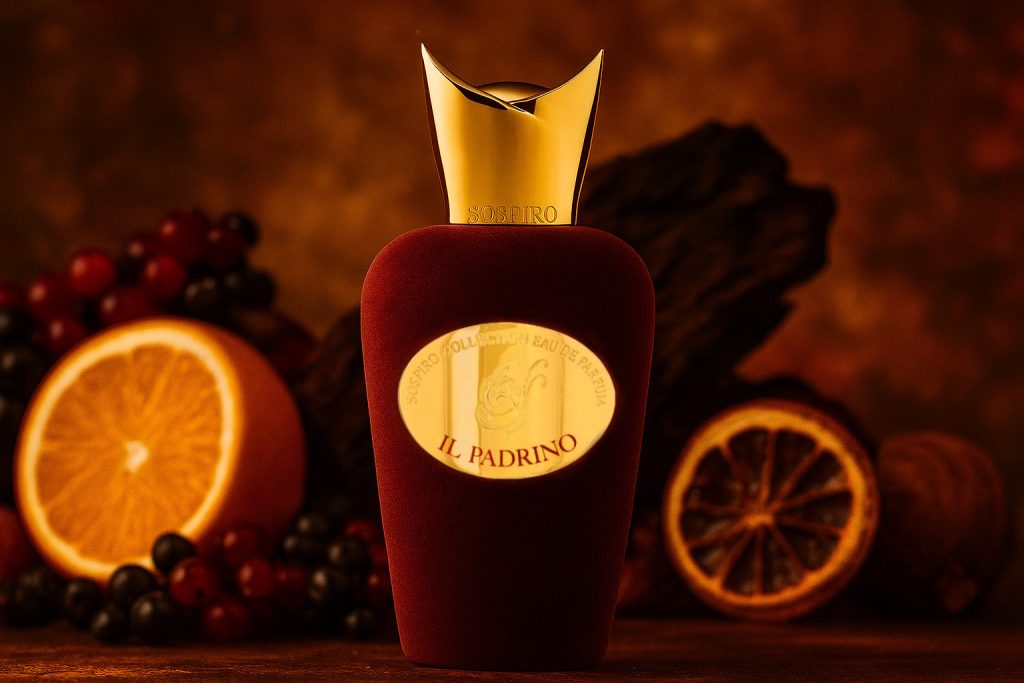 Sospiro Il Padrino Duftflakon – luxuriöser Nischenduft, fotografiert mit samtigem Hintergrund in Gold- und Brauntönen, passend zu den warmen Noten von Rum, Amaretto, Amber und Sandelholz.