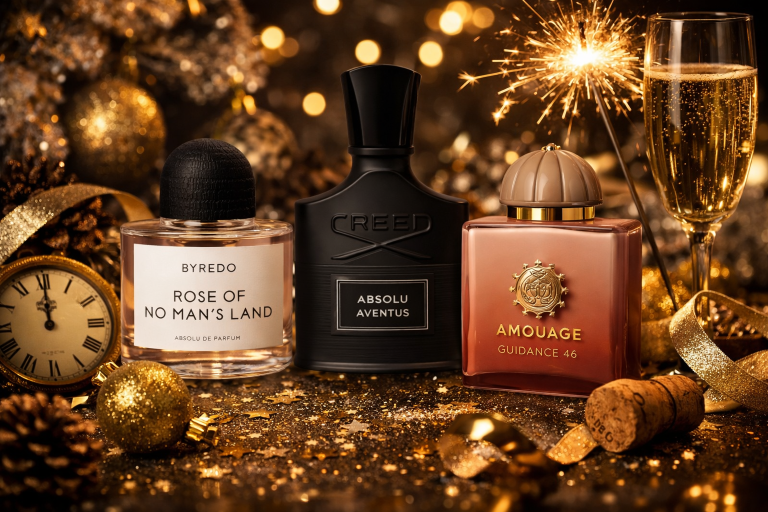Nischenparfums zu Silvester 2026: Amouage Guidance 46, Creed Aventus Absolu und Byredo Rose of No Man’s Land Absolu in festlicher Neujahrsstimmung