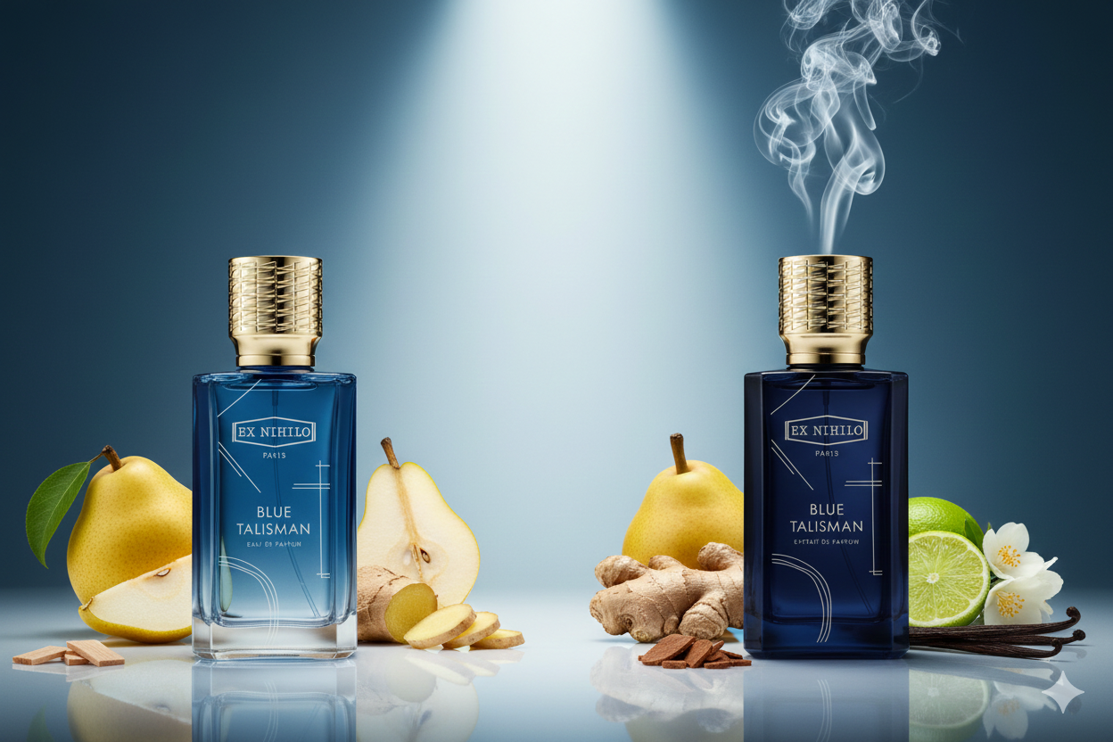 Vergleich zwischen Ex Nihilo Blue Talisman Eau de Parfum und Extrait de Parfum, umgeben von Inhaltsstoffen wie Birne, Ingwer, Hölzern und Vanille auf hellem Hintergrund.