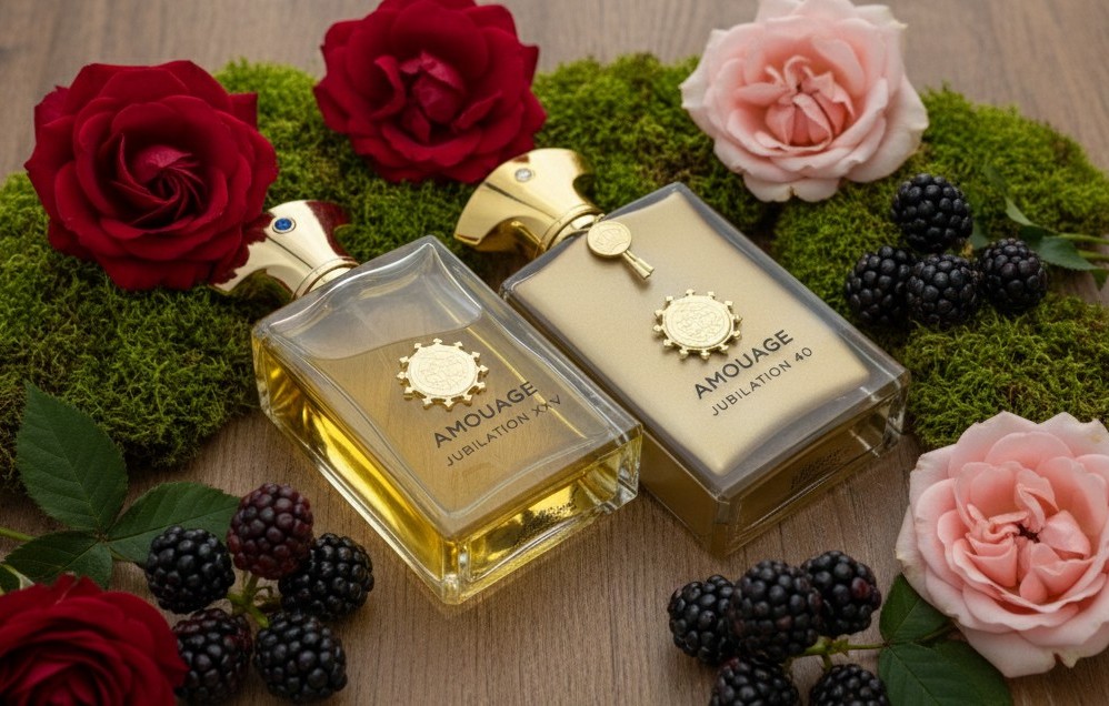 Amouage Jubilation XXV und Jubilation 40 nebeneinander auf einem Holztisch, umgeben von Rosen, Brombeeren und Moos, als visueller Vergleich zweier ikonischer Nischendüfte für Männer.