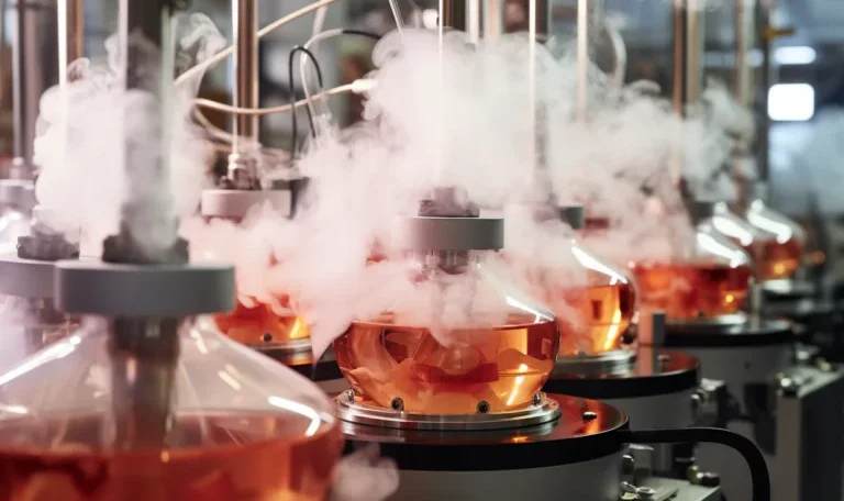 Industrielle Parfumherstellung mit Glasbehältern während der Mazeration und Reifung von Duftkompositionen.