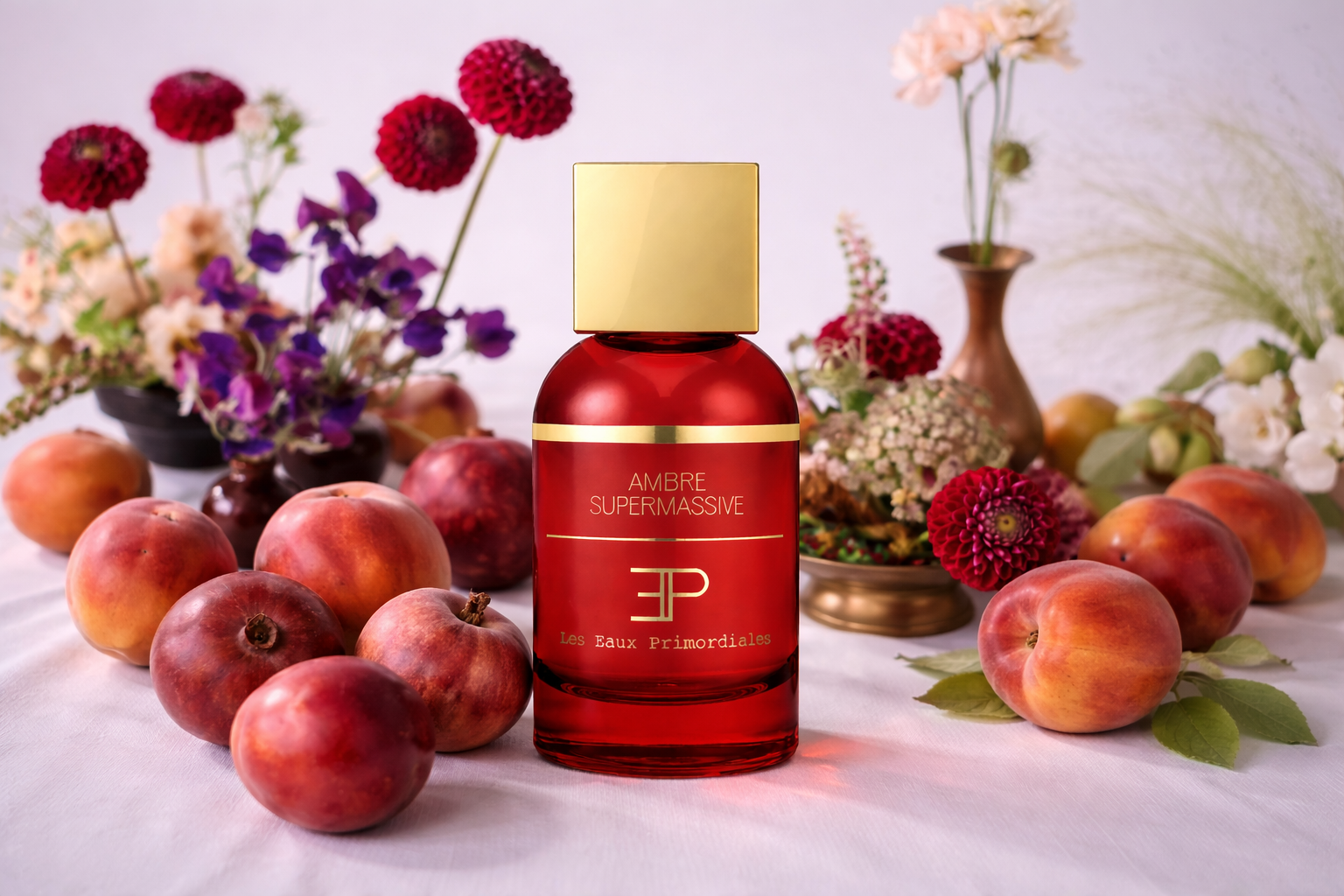 Ambre Supermassive von Les Eaux Primordiales, roter Parfumflakon zwischen reifen Pfirsichen und floraler Stillleben-Komposition.