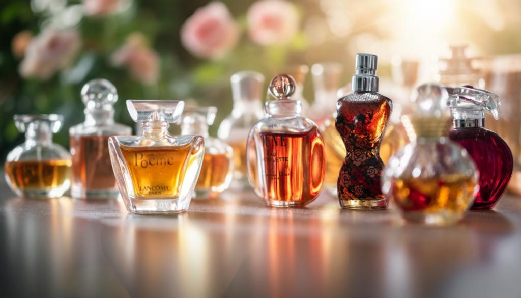 Eine Sammlung von Vintage-Parfümflakons, darunter Lancôme Poême und Dior Dune, arrangiert auf einer spiegelnden Oberfläche vor einem hellen, sommerlichen Gartenhintergrund mit Rosen.