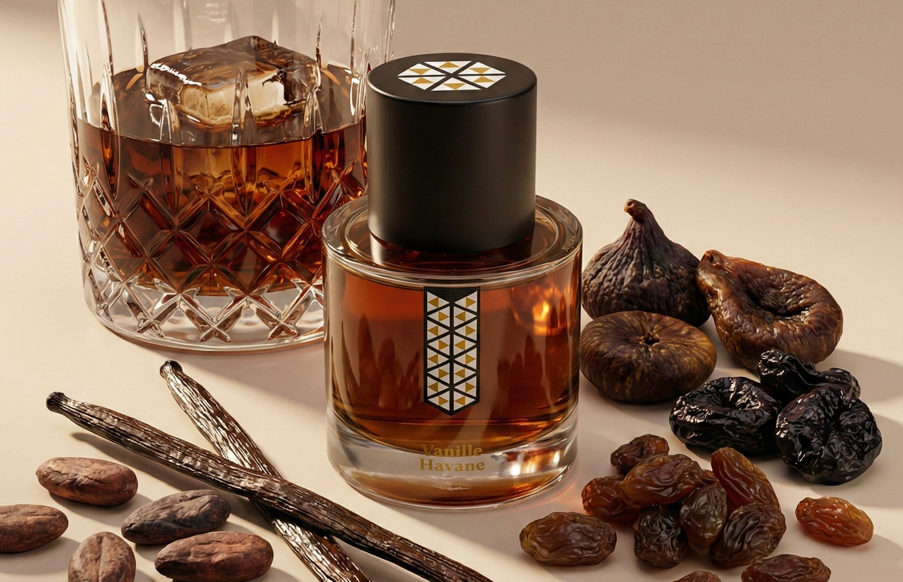 Flakon von Vanille Havane mit Whiskyglas, Vanilleschoten, Kakaobohnen und Trockenfrüchten auf hellem Hintergrund.
