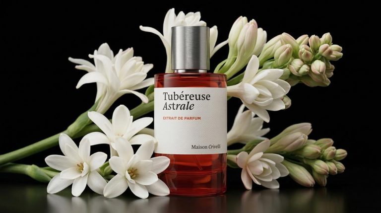 Ein Produktfoto des Parfüms 'Tubéreuse Astrale' von Maison Crivelli, umgeben von frischen Tuberosenblüten und -knospen auf einer schwarzen, reflektierenden Oberfläche vor einem dunklen Hintergrund.