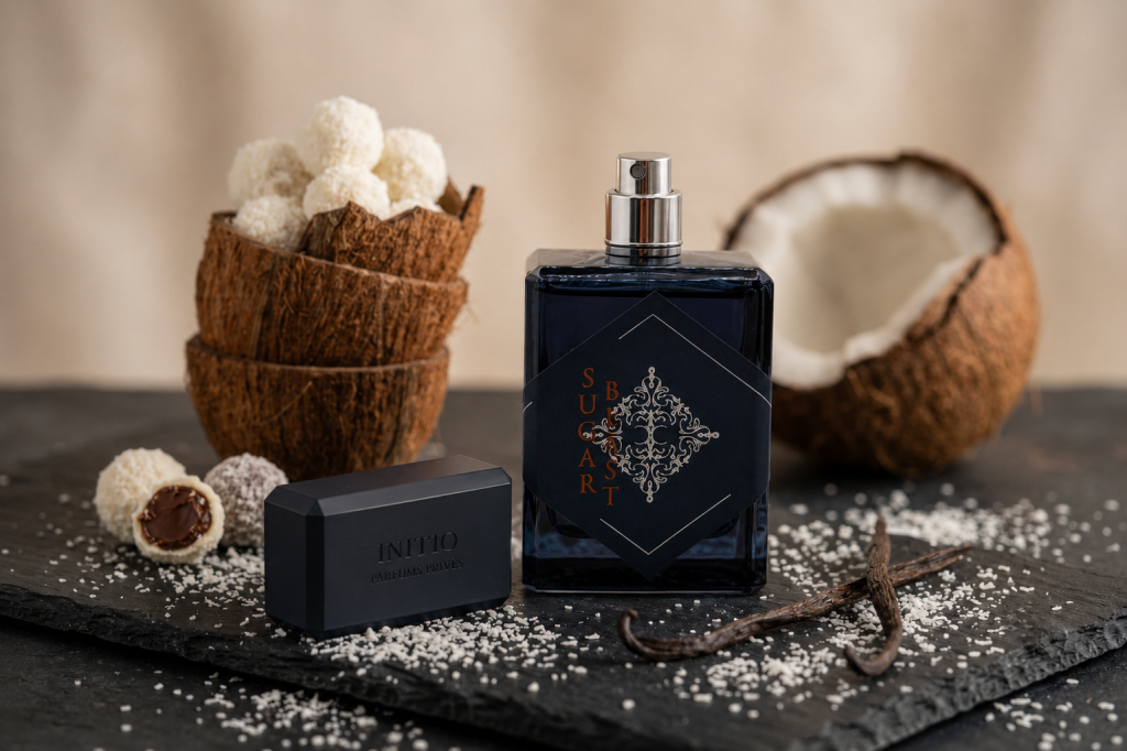 Initio Sugar Blast Parfumflakon mit liegender Kappe in einer luxuriösen Gourmand-Komposition. Umgeben von Kokospralinen, Kokosnussschalen, Kokosraspeln und Vanilleschoten steht der dunkelblaue Flakon im Mittelpunkt einer warm beleuchteten Studioaufnahme mit cremiger, gourmandiger Atmosphäre.