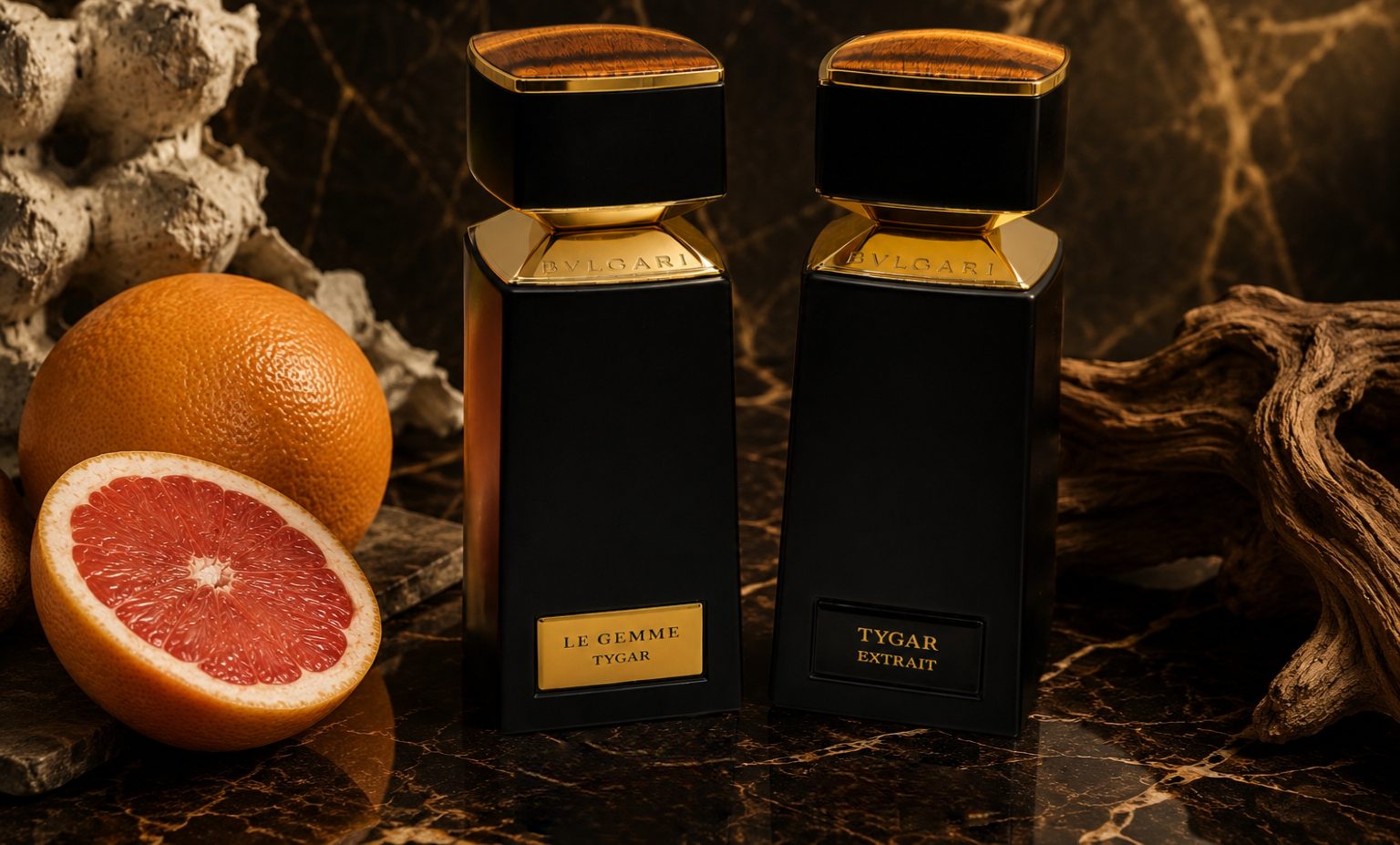 Bvlgari Tygar und Bvlgari Tygar Extrait im Vergleich mit Grapefruit und holzigen Elementen