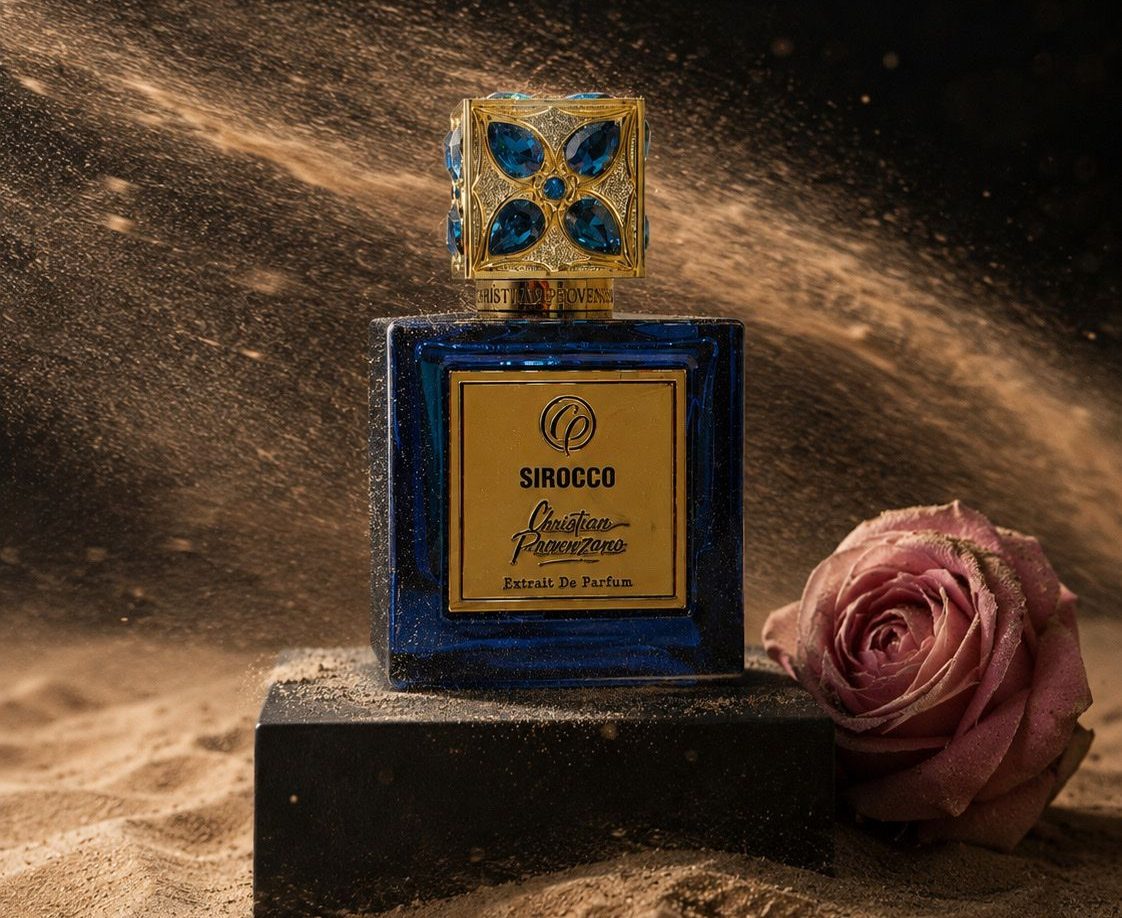 Christian Provenzano Sirocco Extrait de Parfum mit blauem Flakon, goldenem Verschluss und Rose