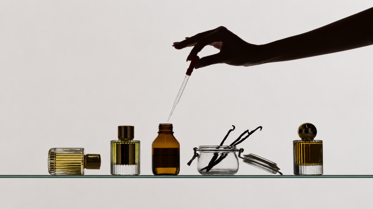 Alkohol im Parfum – Hand mit Pipette über einem Flakon, umgeben von Parfumflaschen und Vanilleschoten.