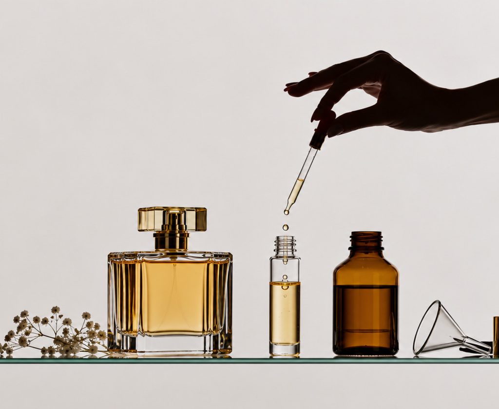 Alkohol im Parfum – eine Pipette tropft Flüssigkeit in einen 10-ml-Duftflakon, daneben stehen ein Originalparfum und eine braune Alkoholflasche.